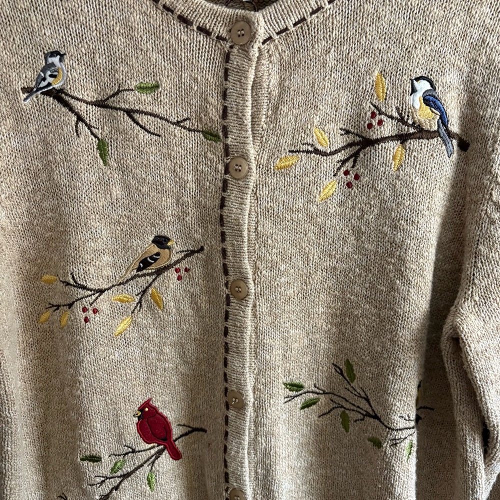 VINTAGE Embroidered Bird Oatmeal Button Down Cardigan Sweater 1X Slouchy Artsy - Picture 7 of 14